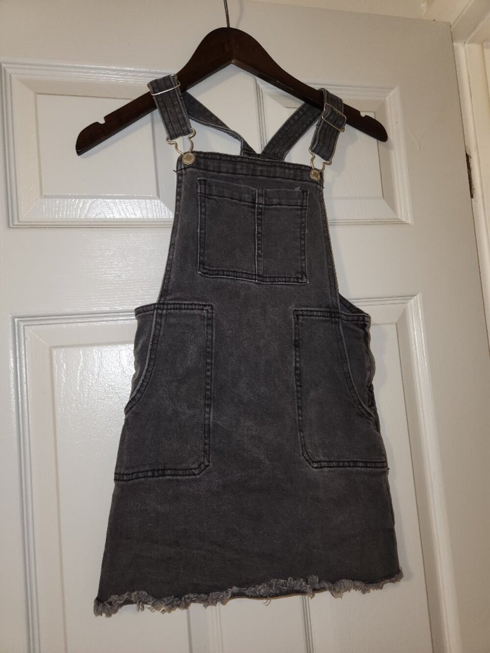 Art Class Girls Denim Overall Dress Size M (7/8) Gray Wash Jumper Frayed Hem